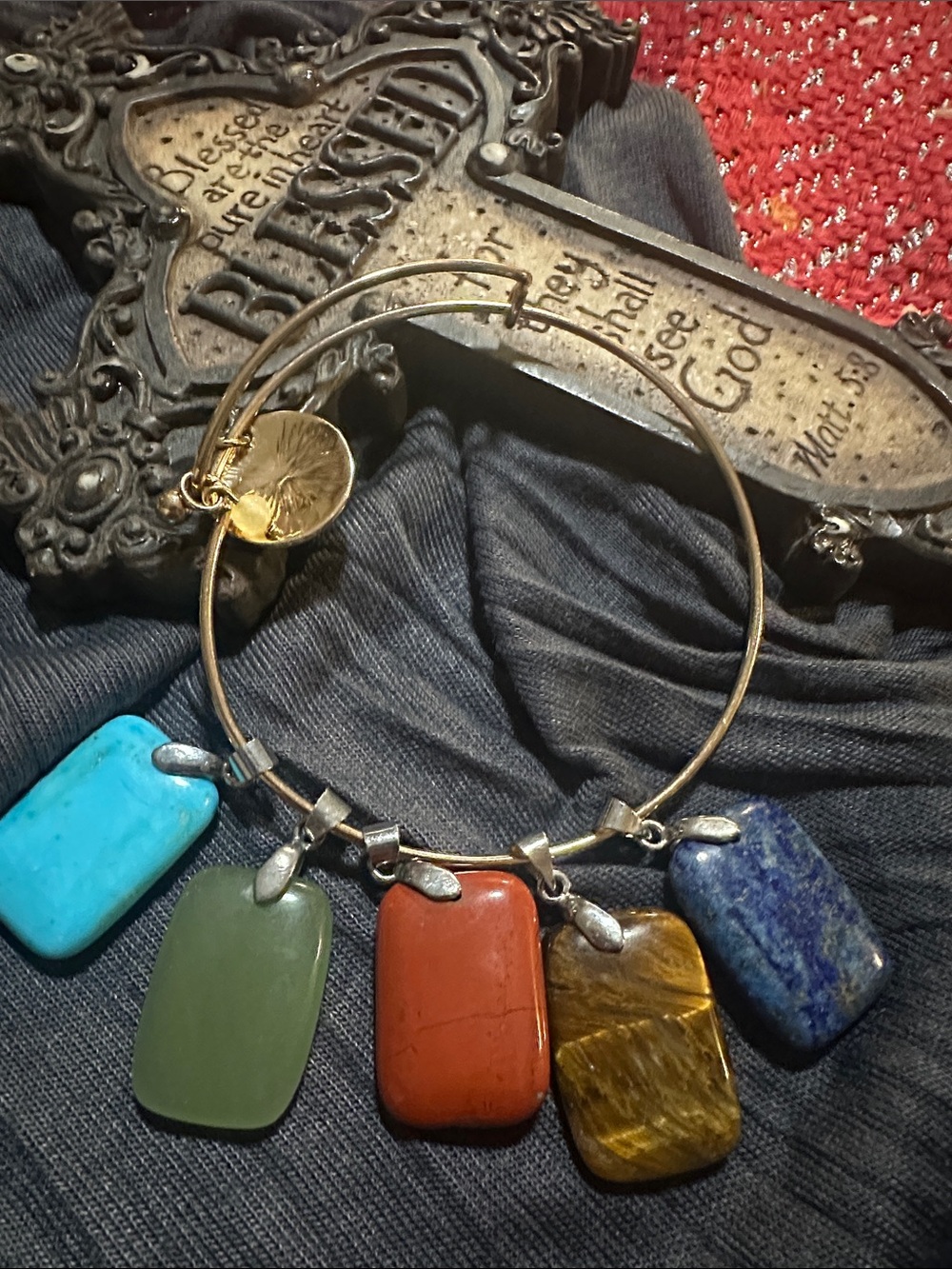 Gold-Tone Multi-Stone Charm Bangle Bracelet - Colorful Semi-Precious Pendants